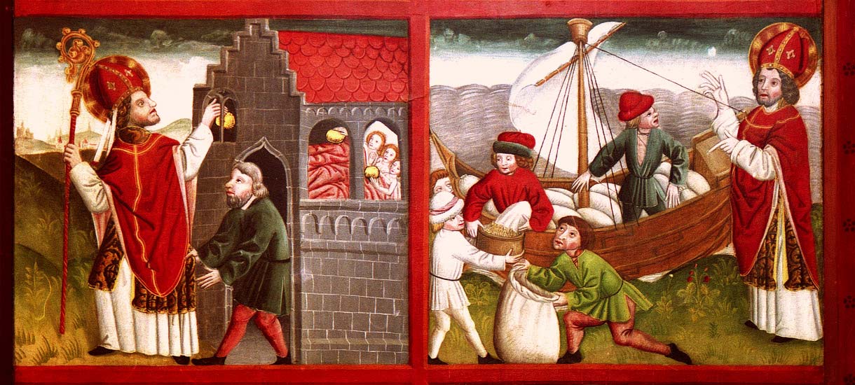 Der Heilige Nikolaus – Patron der Bankiers und der Bettler, der Kinder, Metzger und Seeleute Heiliger Nikolaus beschenkt arme Mädchen mit goldenen Äpfeln und mehrt die Ladung eines Schiffs