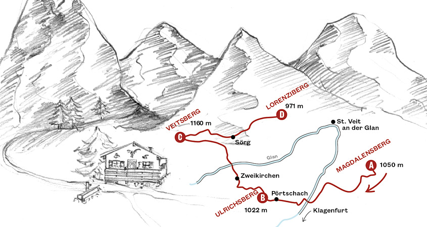 Vierbergelauf – eingezeichnete Route auf einer Karte