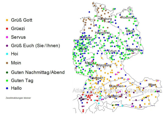 Eine Karte verschiedener Regionen, in und um Deutschland, welche aufzeigt wie man sich wo begrüst.