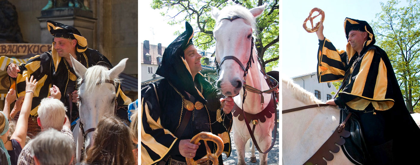 EIne alte Tradition lebt neu auf: Der Reiter verteilt Brezen an die Münchnerinnen und Münchner Drei Bilder des Bretenreiters bei seinem Ritt durch München